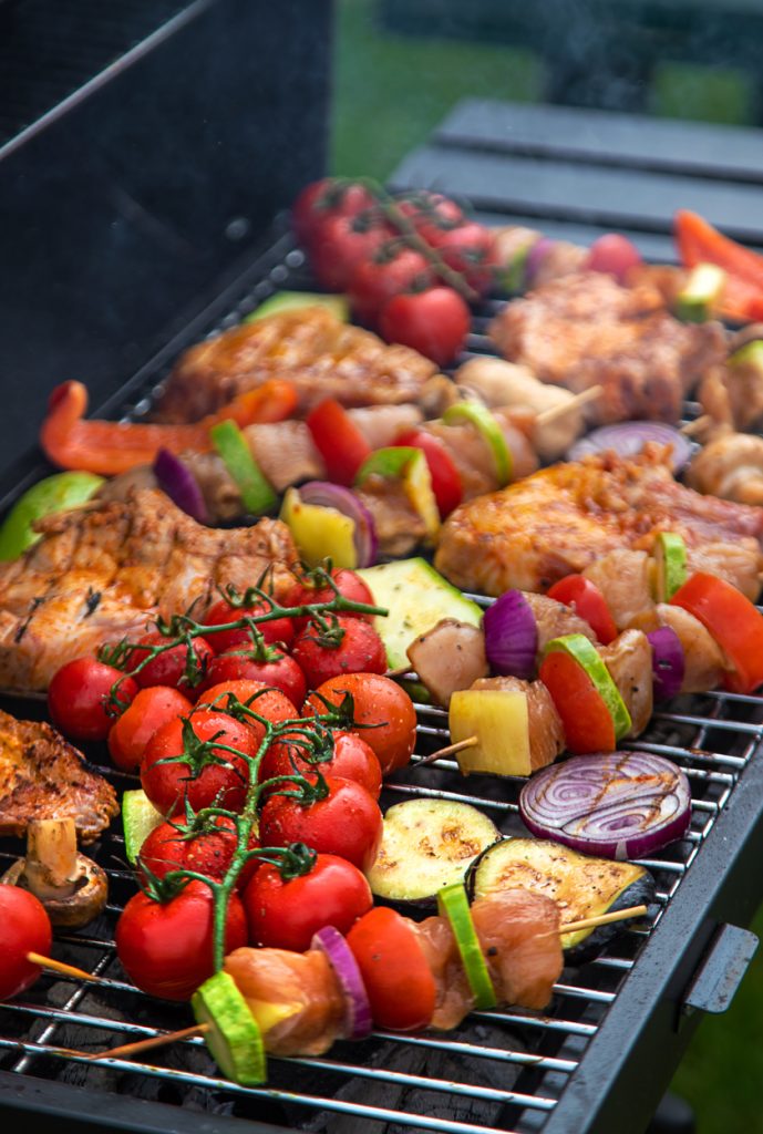 Vegetables and meat are grilled. Selective focus. Food.